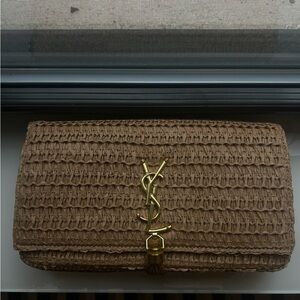Faux Saint Laurent Kate 99 Tassel Shoulder Bag in Raffia - Dark Nude